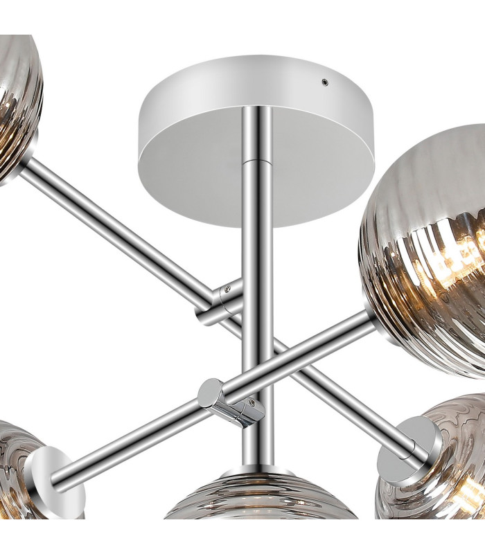 Tivoli Semi Flush Ceiling Tiered Adjustable Arms 5 Light G9 IP44 Polished Chrome/Smoke Ribbed Round Glass-6