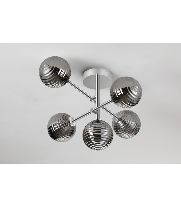 Tivoli Semi Flush Ceiling Tiered Adjustable Arms 5 Light G9 IP44 Polished Chrome/Smoke Ribbed Round Glass-8