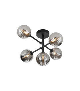 Tivoli Semi Flush Ceiling Tiered Adjustable Arms 5 Light G9 IP44 Satin Black/Smoke Ribbed Round Glass-1