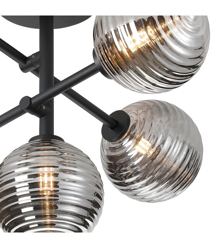 Tivoli Semi Flush Ceiling Tiered Adjustable Arms 5 Light G9 IP44 Satin Black/Smoke Ribbed Round Glass-7