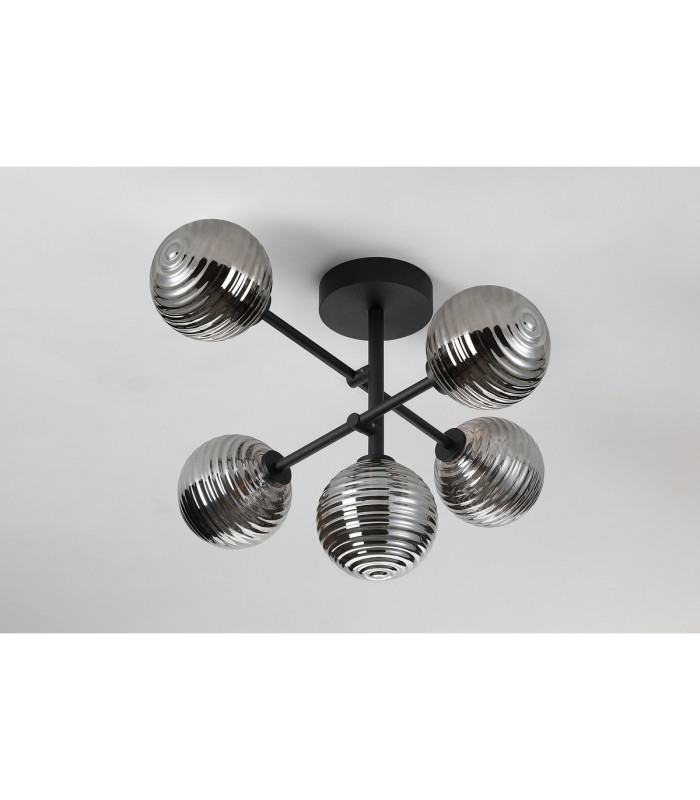 Tivoli Semi Flush Ceiling Tiered Adjustable Arms 5 Light G9 IP44 Satin Black/Smoke Ribbed Round Glass-8