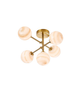 Tivoli Semi Flush Ceiling Tiered Adjustable Arms 5 Light G9 IP44 Brass Gold/Brown Round Marble Effect Glass-1