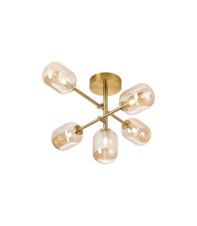 Tivoli Semi Flush Ceiling Tiered Adjustable Arms 5 Light G9 IP44 Brass Gold/Amber Smooth Tubular Glass-1