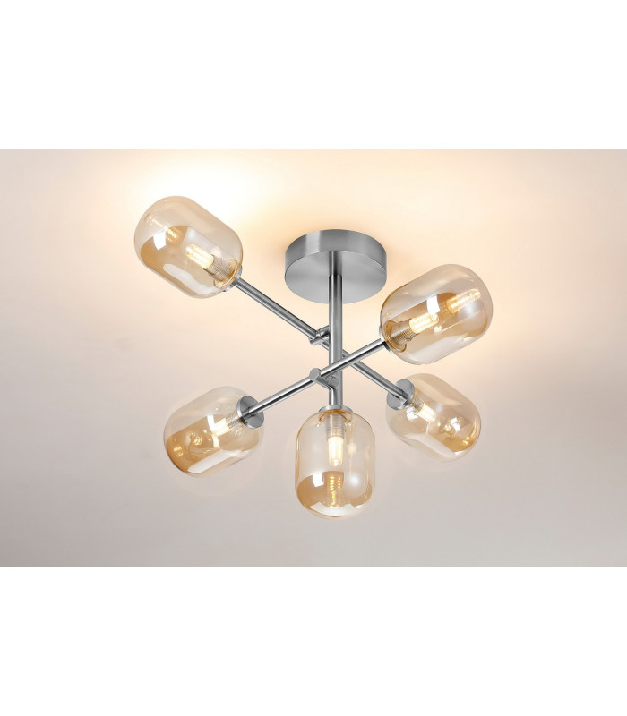 Tivoli Semi Flush Ceiling Tiered Adjustable Arms 5 Light G9 IP44 Polished Chrome/Amber Smooth Tubular Glass-3