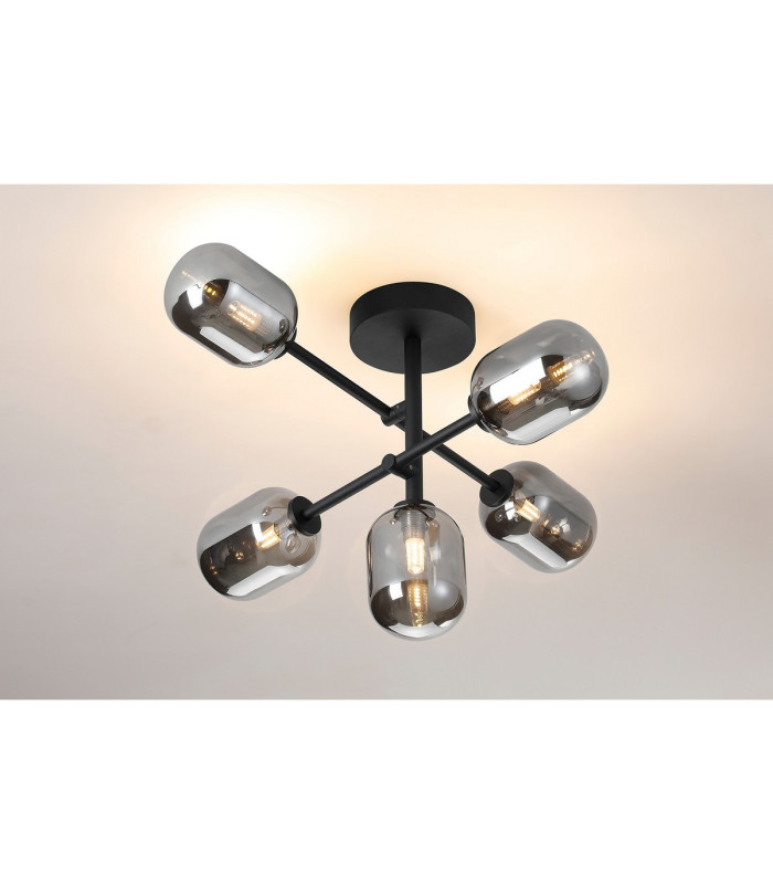 Tivoli Semi Flush Ceiling Tiered Adjustable Arms 5 Light G9 IP44 Satin Black/Smoke Smooth Tubular Glass-3