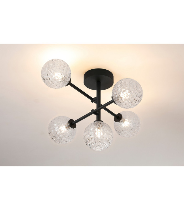 Tivoli Semi Flush Ceiling Tiered Adjustable Arms 5 Light G9 IP44 Satin Black/Clear Cross Pattern Round Glass-3