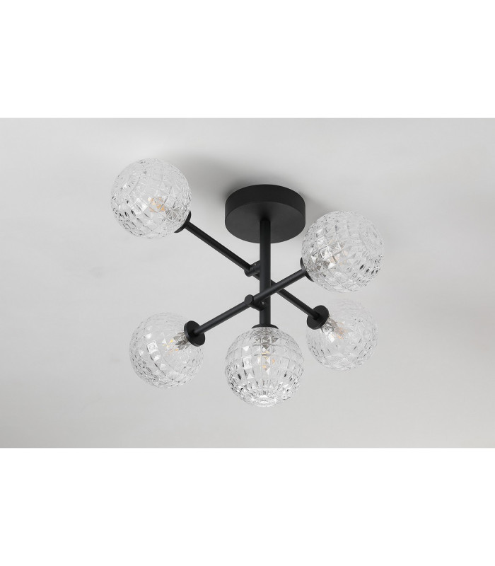 Tivoli Semi Flush Ceiling Tiered Adjustable Arms 5 Light G9 IP44 Satin Black/Clear Cross Pattern Round Glass-8