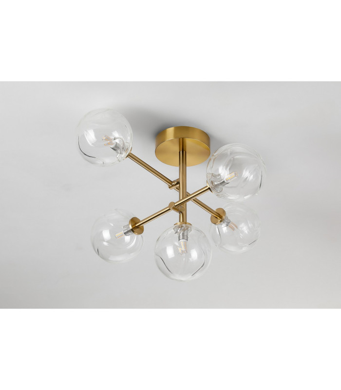 Tivoli Semi Flush Ceiling Tiered Adjustable Arms 5 Light G9 IP44 Brass Gold/Clear Waved Round Glass-8