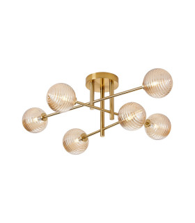Tivoli Semi Flush Ceiling Tiered 6 Light G9 IP44 Brass Gold/Amber Ribbed Round Glass-1