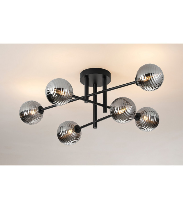 Tivoli Semi Flush Ceiling Tiered 6 Light G9 IP44 Satin Black/Smoke Ribbed Round Glass-3