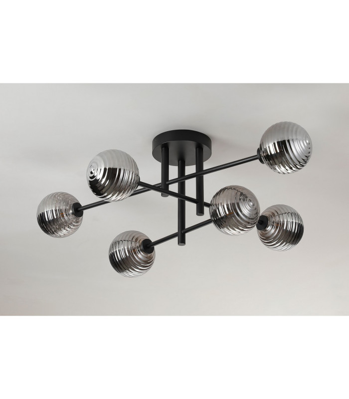 Tivoli Semi Flush Ceiling Tiered 6 Light G9 IP44 Satin Black/Smoke Ribbed Round Glass-8