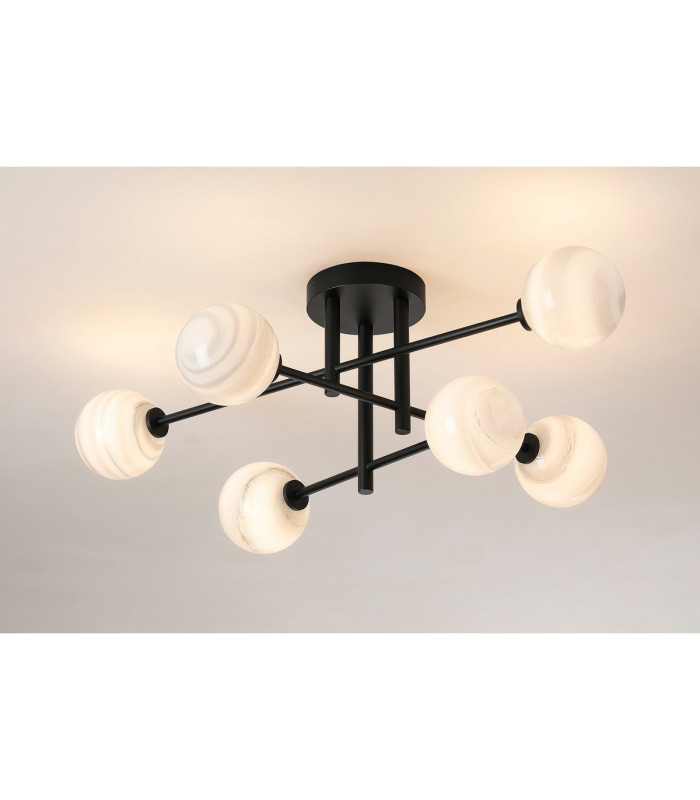 Tivoli Semi Flush Ceiling Tiered 6 Light G9 IP44 Satin Black/Grey Round Marble Effect Glass-3