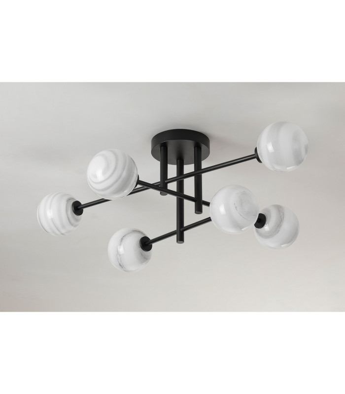 Tivoli Semi Flush Ceiling Tiered 6 Light G9 IP44 Satin Black/Grey Round Marble Effect Glass-8