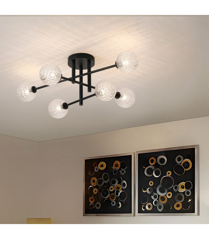 Tivoli Semi Flush Ceiling Tiered 6 Light G9 IP44 Satin Black/Clear Cross Pattern Round Glass-4