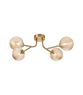 Tivoli Linear Semi Flush Ceiling 4 Light G9 IP44 Brass Gold/Amber Ribbed Round Glass-1