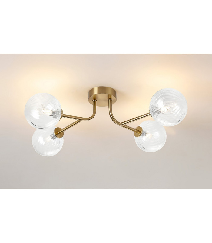 Tivoli Linear Semi Flush Ceiling 4 Light G9 IP44 Brass Gold/Clear Swirl Round Glass-3