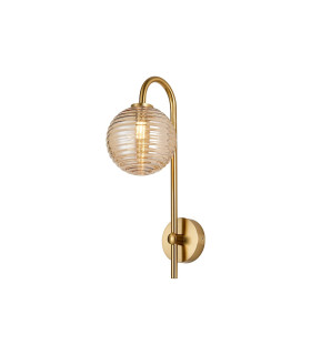Tivoli Curved Arm Wall Light 1 Light G9 IP44 Brass Gold/Amber Ribbed Round Glass-1
