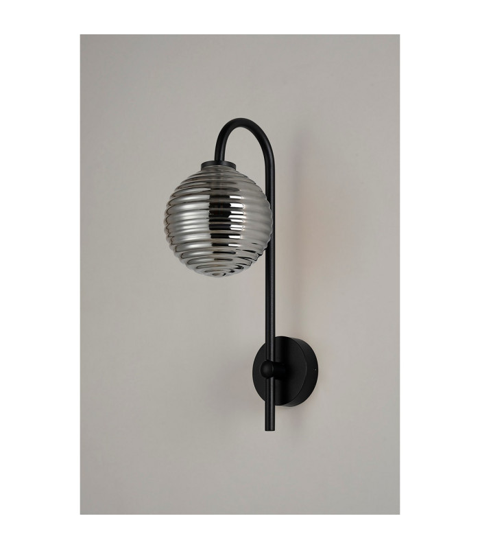 Tivoli Curved Arm Wall Light 1 Light G9 IP44 Satin Black/Smoke Ribbed Round Glass-7