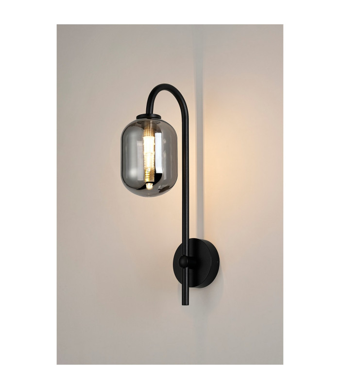Tivoli Curved Arm Wall Light 1 Light G9 IP44 Satin Black/Smoke Smooth Tubular Glass-3