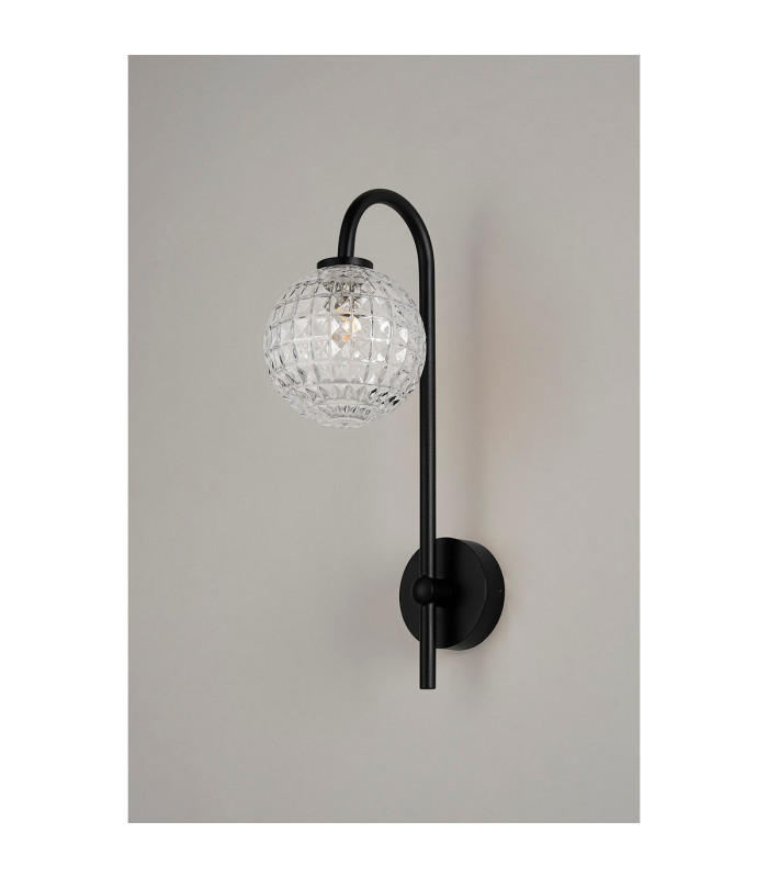 Tivoli Curved Arm Wall Light 1 Light G9 IP44 Satin Black/Clear Cross Pattern Round Glass-7