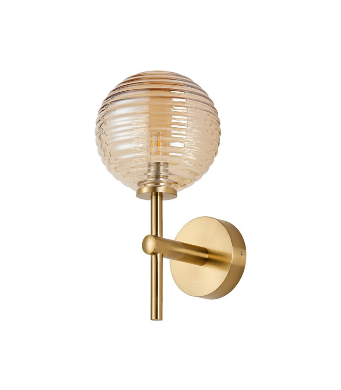 Tivoli Medium Arm Wall Light 1 Light G9 IP44 Brass Gold/Amber Ribbed Round Glass-4