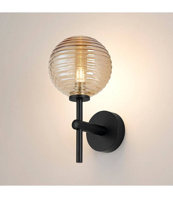 Tivoli Medium Arm Wall Light 1 Light G9 IP44 Satin Black/Amber Ribbed Round Glass-3