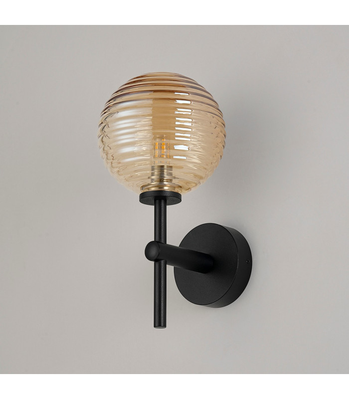 Tivoli Medium Arm Wall Light 1 Light G9 IP44 Satin Black/Amber Ribbed Round Glass-7