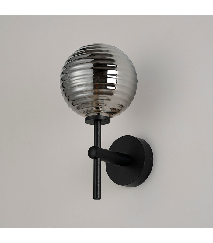 Tivoli Medium Arm Wall Light 1 Light G9 IP44 Satin Black/Smoke Ribbed Round Glass-7