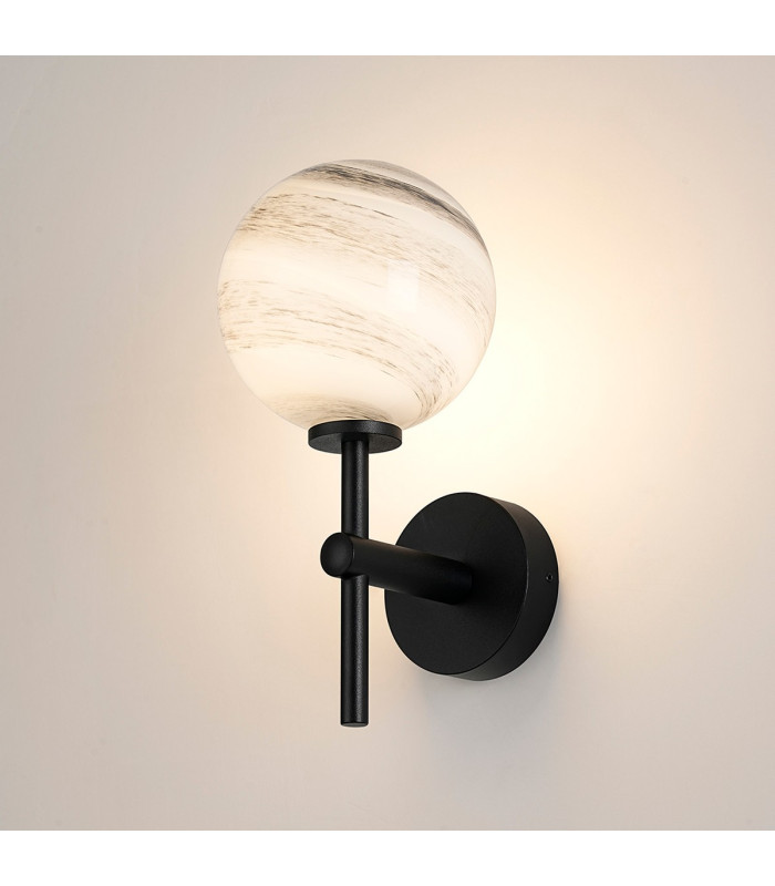 Tivoli Medium Arm Wall Light 1 Light G9 IP44 Satin Black/Grey Round Marble Effect Glass-3