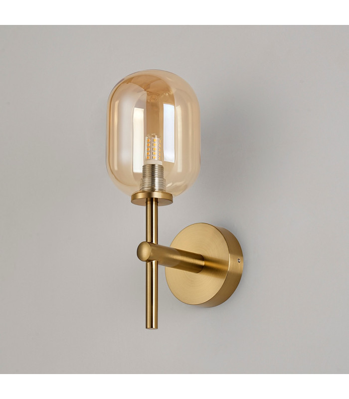 Tivoli Medium Arm Wall Light 1 Light G9 IP44 Brass Gold/Amber Smooth Tubular Glass-6