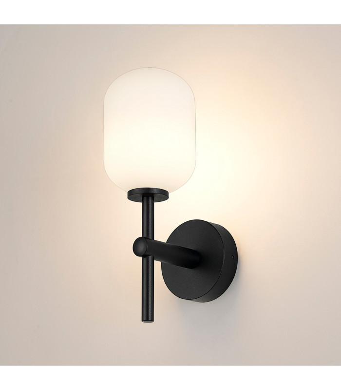 Tivoli Medium Arm Wall Light 1 Light G9 IP44 Satin Black/Opal Smooth Tubular Glass-3