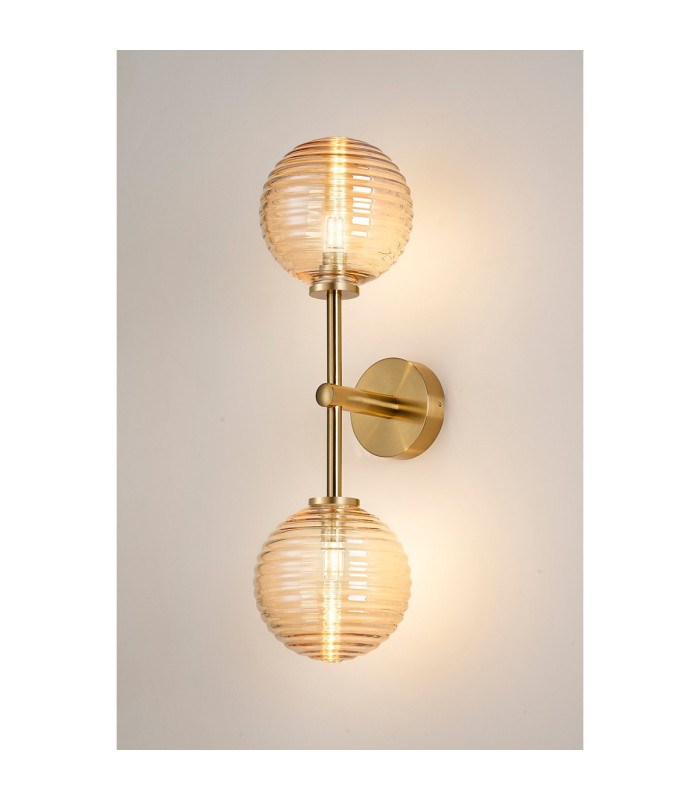 Tivoli Medium Arm Wall Light 2 Light G9 IP44 Brass Gold/Amber Ribbed Round Glass-3