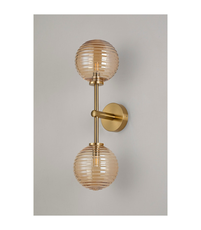 Tivoli Medium Arm Wall Light 2 Light G9 IP44 Brass Gold/Amber Ribbed Round Glass-10