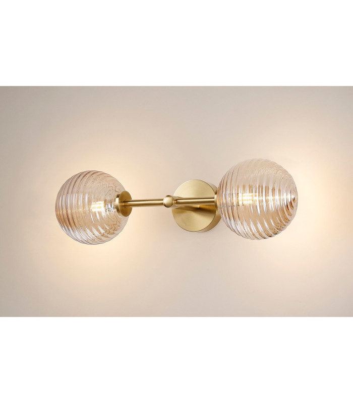 Tivoli Medium Arm Wall Light 2 Light G9 IP44 Brass Gold/Amber Ribbed Round Glass-11