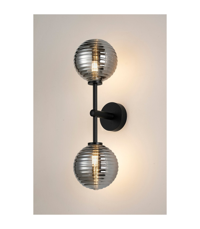 Tivoli Medium Arm Wall Light 2 Light G9 IP44 Satin Black/Smoke Ribbed Round Glass-3