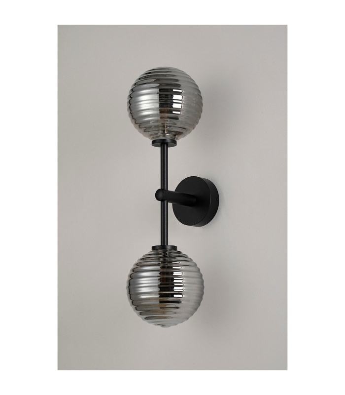 Tivoli Medium Arm Wall Light 2 Light G9 IP44 Satin Black/Smoke Ribbed Round Glass-10