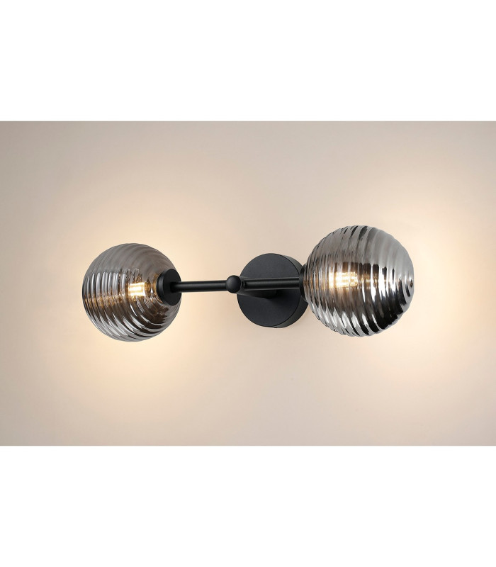 Tivoli Medium Arm Wall Light 2 Light G9 IP44 Satin Black/Smoke Ribbed Round Glass-11