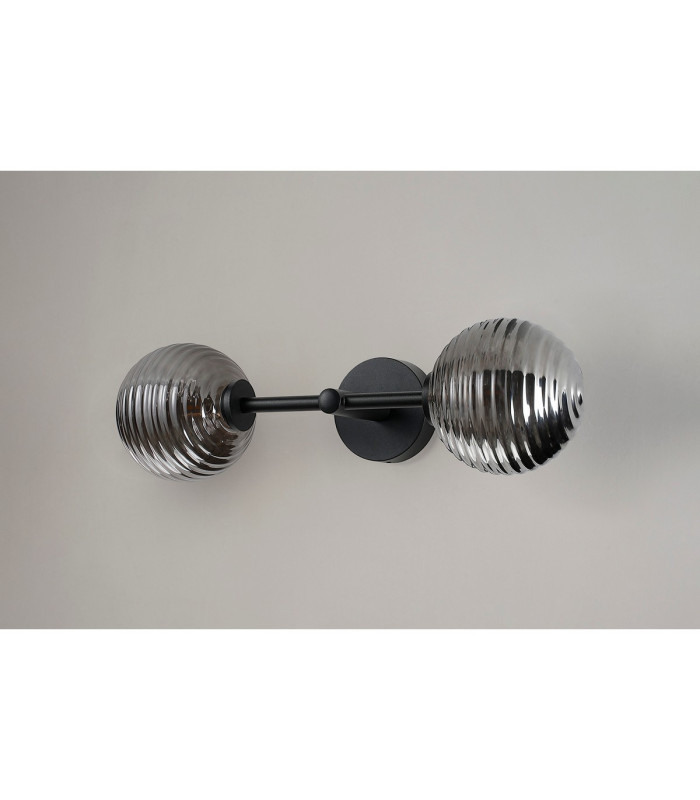 Tivoli Medium Arm Wall Light 2 Light G9 IP44 Satin Black/Smoke Ribbed Round Glass-12