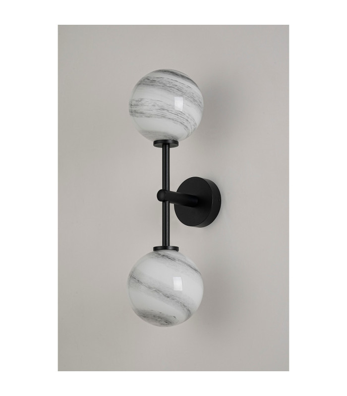 Tivoli Medium Arm Wall Light 2 Light G9 IP44 Satin Black/Grey Round Marble Effect Glass-10