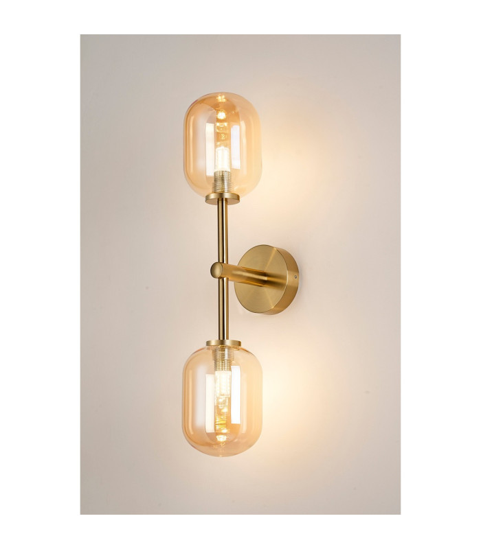 Tivoli Medium Arm Wall Light 2 Light G9 IP44 Brass Gold/Amber Smooth Tubular Glass-3
