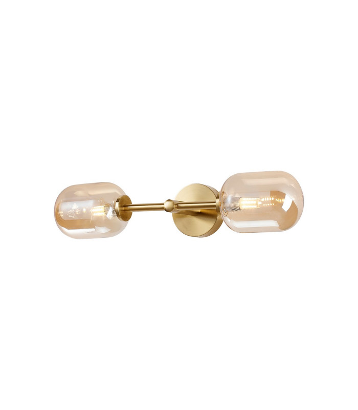 Tivoli Medium Arm Wall Light 2 Light G9 IP44 Brass Gold/Amber Smooth Tubular Glass-5
