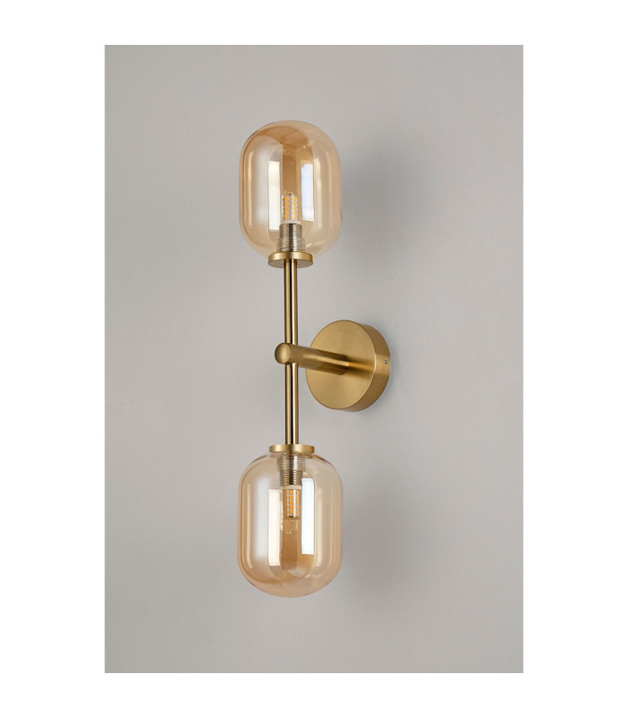 Tivoli Medium Arm Wall Light 2 Light G9 IP44 Brass Gold/Amber Smooth Tubular Glass-10
