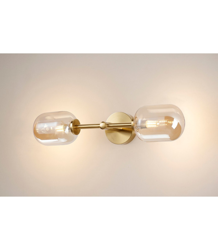 Tivoli Medium Arm Wall Light 2 Light G9 IP44 Brass Gold/Amber Smooth Tubular Glass-11