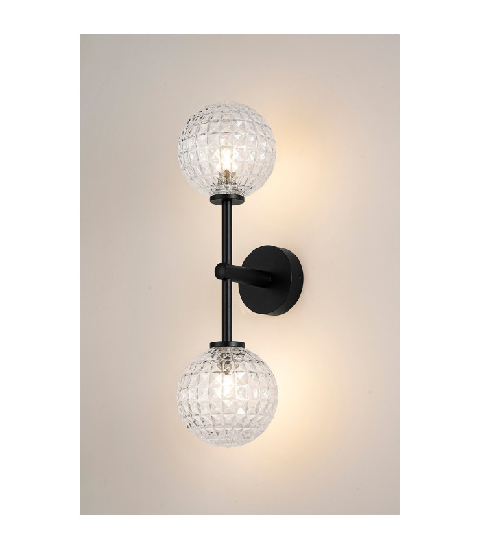 Tivoli Medium Arm Wall Light 2 Light G9 IP44 Satin Black/Clear Cross Pattern Round Glass-3