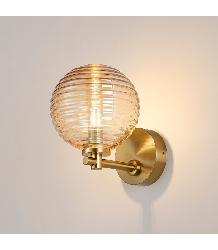 Tivoli Short Arm Wall Light 1 Light G9 IP44 Brass Gold/Amber Ribbed Round Glass-3