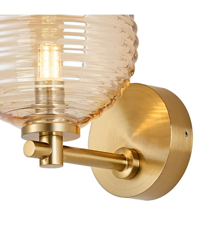 Tivoli Short Arm Wall Light 1 Light G9 IP44 Brass Gold/Amber Ribbed Round Glass-6
