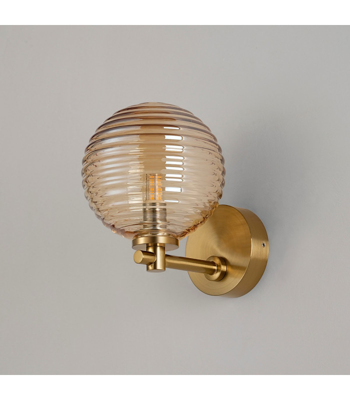 Tivoli Short Arm Wall Light 1 Light G9 IP44 Brass Gold/Amber Ribbed Round Glass-7