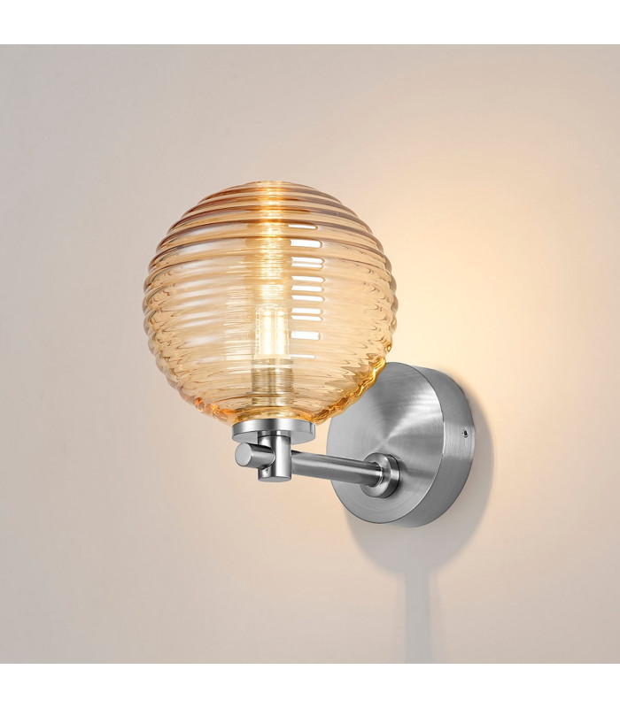 Tivoli Short Arm Wall Light 1 Light G9 IP44 Polished Chrome/Amber Ribbed Round Glass-3