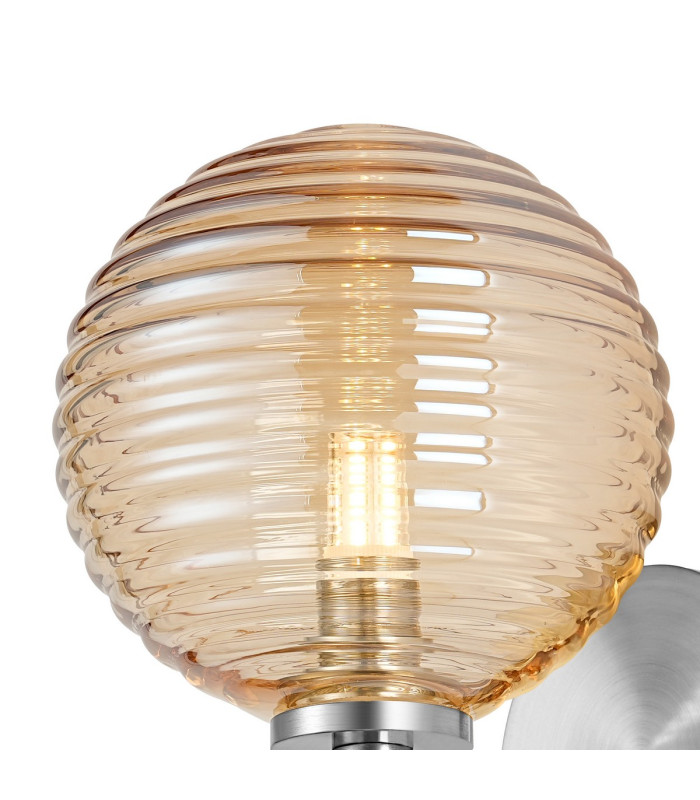 Tivoli Short Arm Wall Light 1 Light G9 IP44 Polished Chrome/Amber Ribbed Round Glass-5