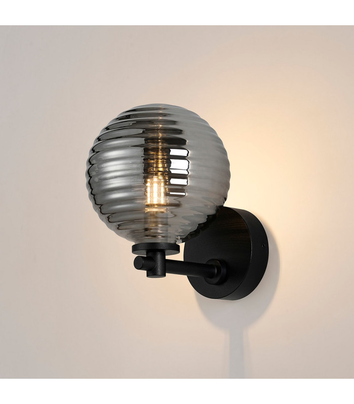 Tivoli Short Arm Wall Light 1 Light G9 IP44 Satin Black/Smoke Ribbed Round Glass-3